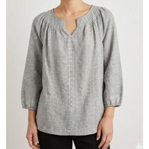 J. Jill Embroidered Cotton Tunic Top XS Petite Gray Boho Peasant 3/4 Sleeve